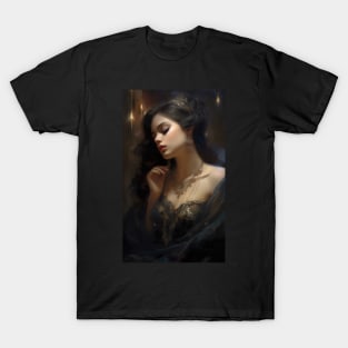 Oil painting of a beautiful woman in black dress T-Shirt